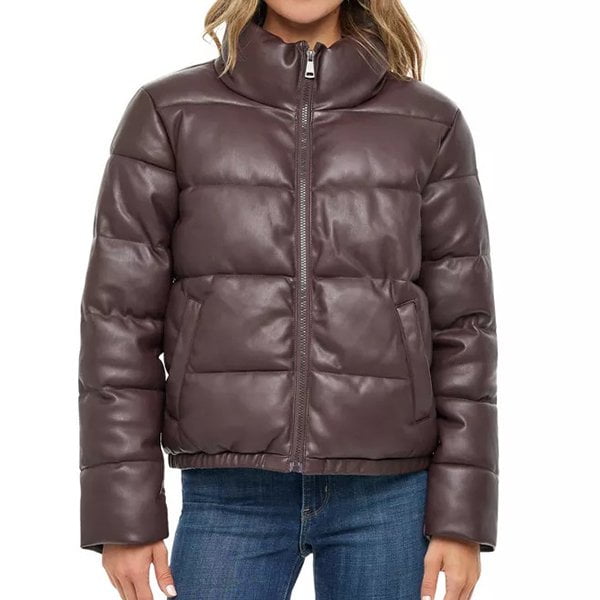 Women's Brown Leather Puffer Downs Jacket