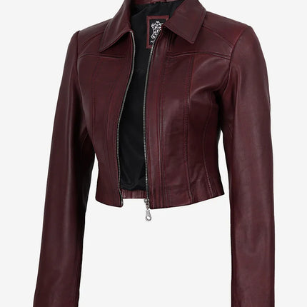 Women's Spread Collar Burgundy Cropped Leather Jacket