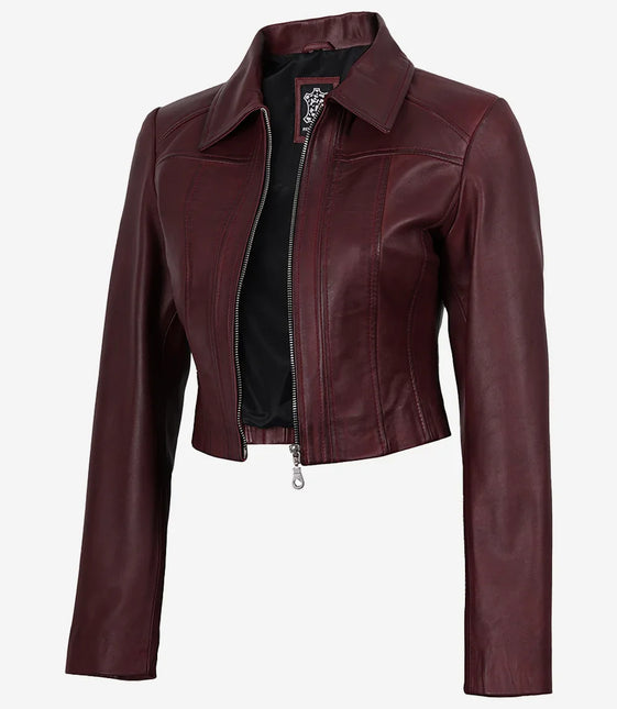 Women's Spread Collar Burgundy Cropped Leather Jacket