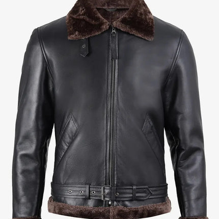 Classic Black Shearling Leather Jacket with Brown Fur