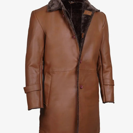 3/4 Length Cognac Brown Shearling Leather Coat
