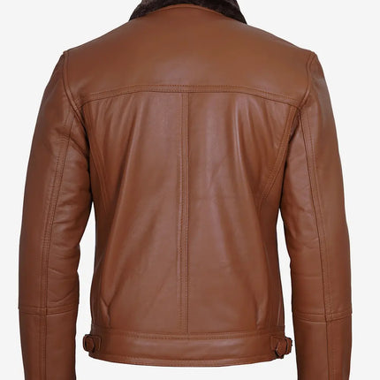 Men's Asymmetrical Zipper Cognac Shearling Leather Jacket with Brown Fur