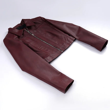 Women's Spread Collar Burgundy Cropped Leather Jacket