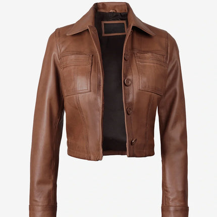 Women's Cropped Cognac Leather Jacket