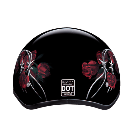 DOT Approved Daytona Motorcycle Half Face Helmet - Skull Cap Graphics for Men & Women, Scooters, ATVs, UTVs & Choppers - W/ Barbed Roses