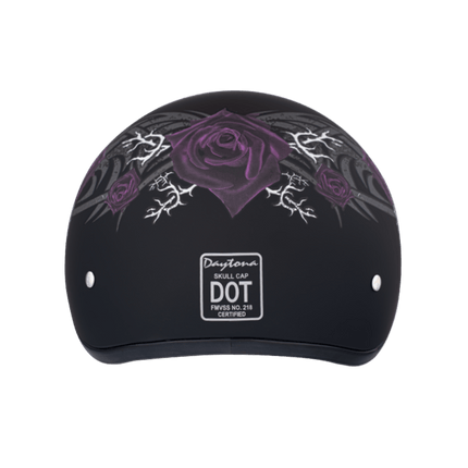 DOT Approved Daytona Motorcycle Half Face Helmet - Skull Cap Graphics for Men & Women, Scooters, ATVs, UTVs & Choppers - W/ Purple Rose