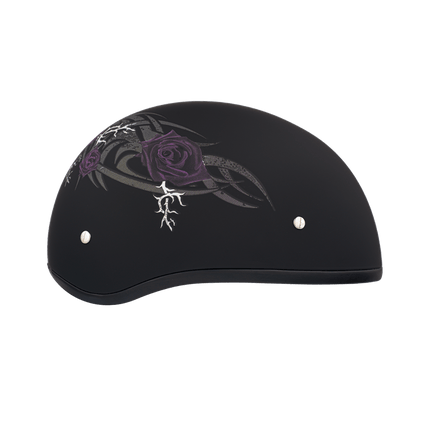 DOT Approved Daytona Motorcycle Half Face Helmet - Skull Cap Graphics for Men & Women, Scooters, ATVs, UTVs & Choppers - W/ Purple Rose