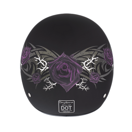 DOT Approved Daytona Motorcycle Half Face Helmet - Skull Cap Graphics for Men & Women, Scooters, ATVs, UTVs & Choppers - W/ Purple Rose