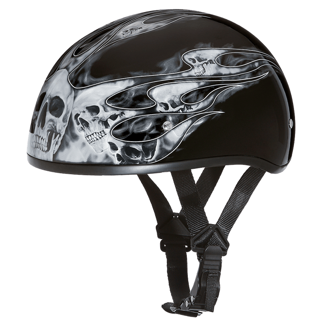 DOT Approved Daytona Motorcycle Half Face Helmet - Skull Cap Graphics for Men & Women, Scooters, ATVs, UTVs & Choppers - W/ Skull Flames Silver