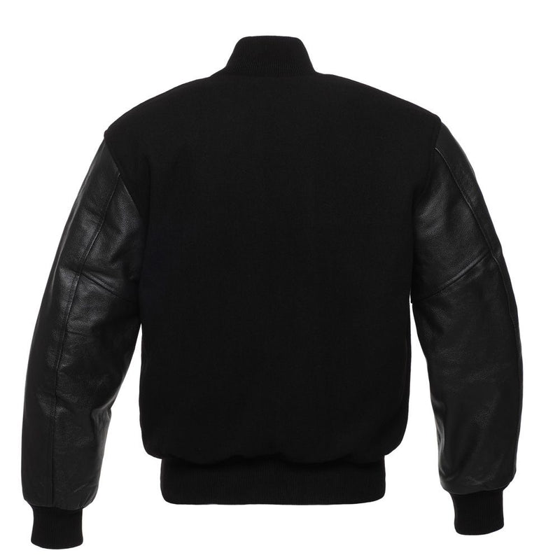 All Black Wool & Leather Sleeves Varsity Letterman Jacket
