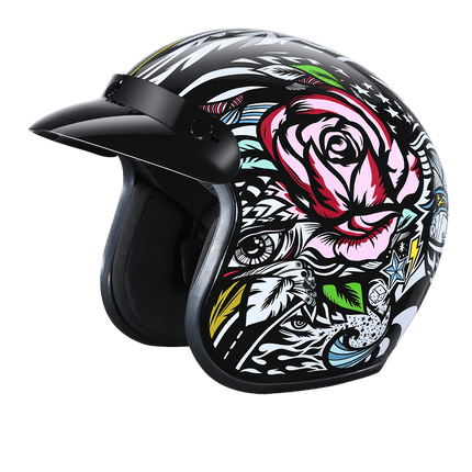 DOT Approved Daytona Cruiser Open Face Motorcycle Helmet - Men, Women & Youth - With Visor & Graphics - W/ Tribal