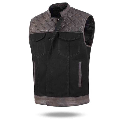 Men's Diamond Stitch Brown and Black Club Style Denim Motorcycle Vest