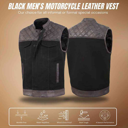 Men's Diamond Stitch Brown and Black Club Style Denim Motorcycle Vest