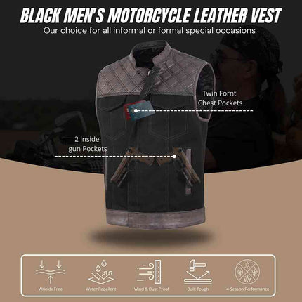 Men's Diamond Stitch Brown and Black Club Style Denim Motorcycle Vest