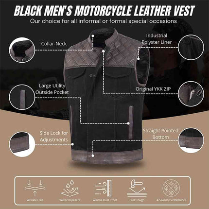 Men's Diamond Stitch Brown and Black Club Style Denim Motorcycle Vest
