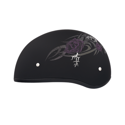 DOT Approved Daytona Motorcycle Half Face Helmet - Skull Cap Graphics for Men & Women, Scooters, ATVs, UTVs & Choppers - W/ Purple Rose