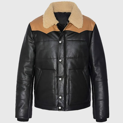Dual Tone Black Leather Puffer Jacket with Shearling Collar