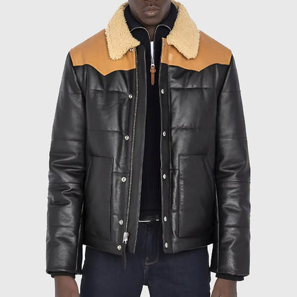Dual Tone Black Leather Puffer Jacket with Shearling Collar