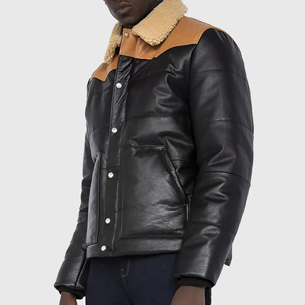 Dual Tone Black Leather Puffer Jacket with Shearling Collar