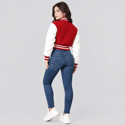 Women's Red Wool Body and White Leather Sleeves Cropped Letterman Jacket