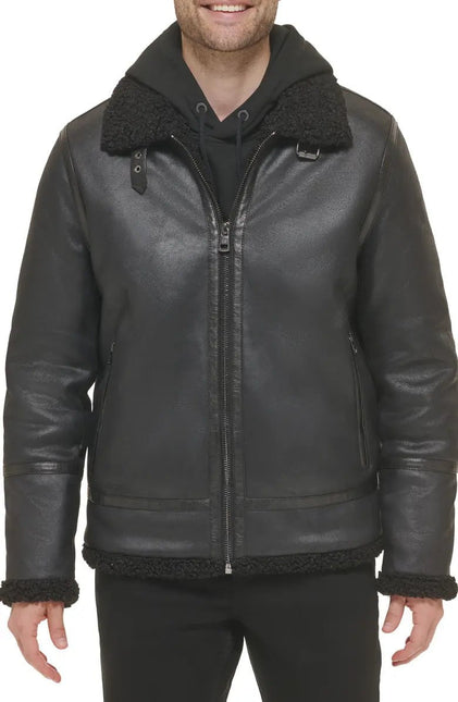 Men's Flight Aviator Leather Black Shearling Jacket