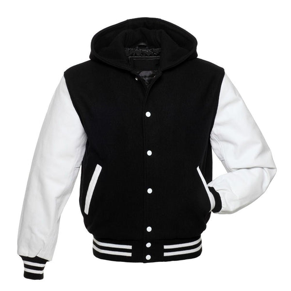 Black Hoodie Varsity Jacket With White Leather Sleeves