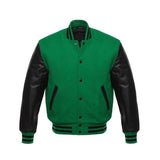 Men's Letterman Wool and Leather Varsity Jacket with Ribbed Cuffs - Green