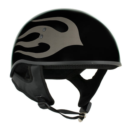 Hot Leathers Silver Flames Gloss Black Motorcycle DOT Approved Skull Cap Half Helmet