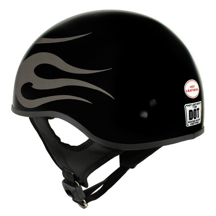 Hot Leathers Silver Flames Gloss Black Motorcycle DOT Approved Skull Cap Half Helmet