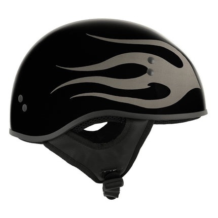 Hot Leathers Silver Flames Gloss Black Motorcycle DOT Approved Skull Cap Half Helmet