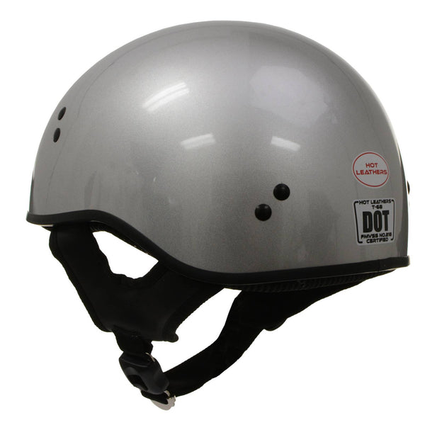 Hot Leathers Glossy Silver Motorcycle DOT Approved Skull Cap Half Helmet Biker