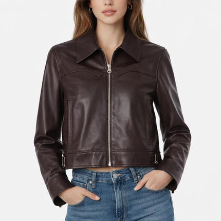 Women's Dark Brown Cropped Cowgirl Leather Jacket