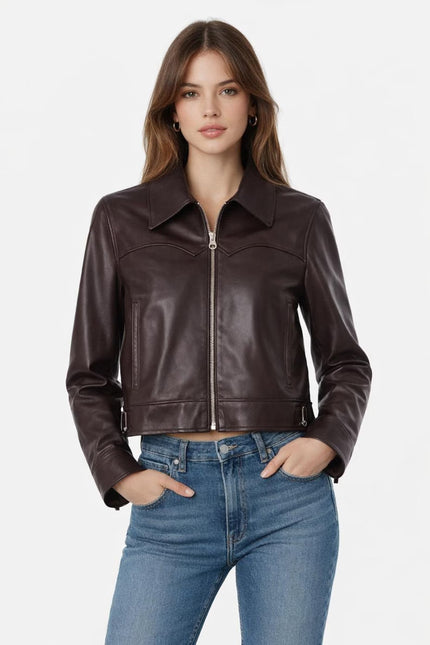 Women's Dark Brown Cropped Cowgirl Leather Jacket