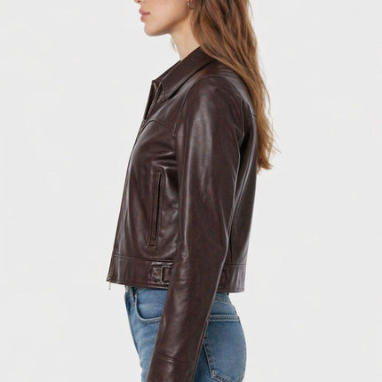 Women's Dark Brown Cropped Cowgirl Leather Jacket