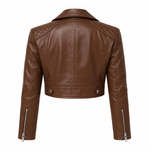 Women's Brown Cropped Biker Style Leather Jacket