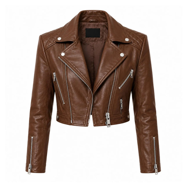Women's Brown Cropped Biker Style Leather Jacket