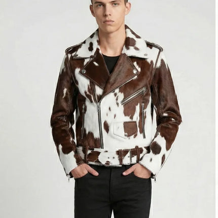 Men's Asymmetrical Zipper Pony Skin Hair-On Moto Cow Skin Jacket
