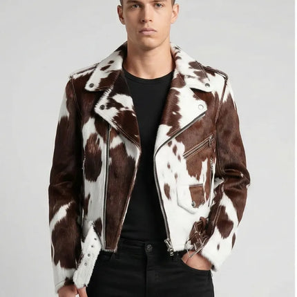 Men's Asymmetrical Zipper Pony Skin Hair-On Moto Cow Skin Jacket
