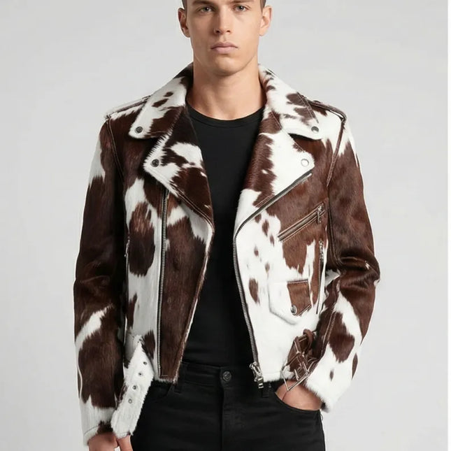 Men's Asymmetrical Zipper Pony Skin Hair-On Moto Cow Skin Jacket