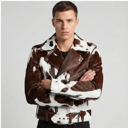 Men's Asymmetrical Zipper Pony Skin Hair-On Moto Cow Skin Jacket
