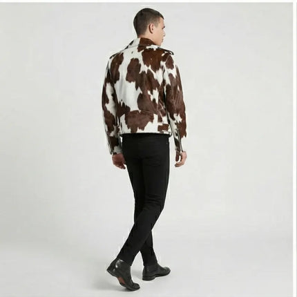 Men's Asymmetrical Zipper Pony Skin Hair-On Moto Cow Skin Jacket