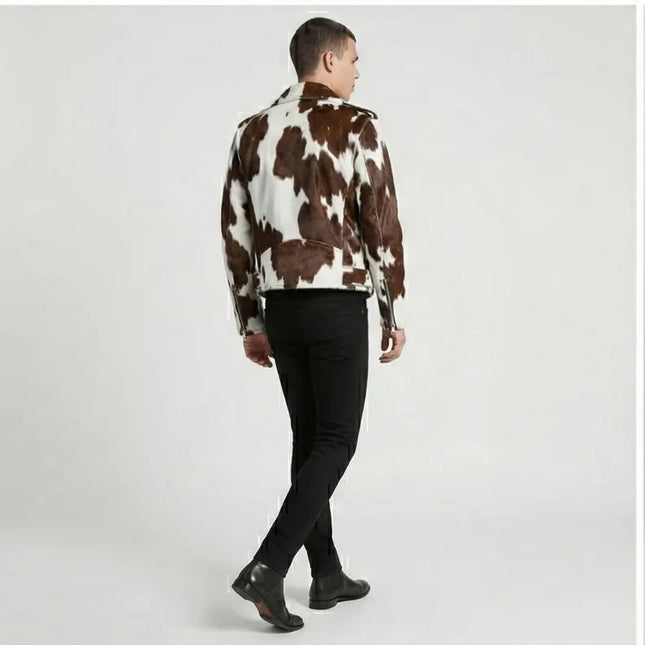 Men's Asymmetrical Zipper Pony Skin Hair-On Moto Cow Skin Jacket