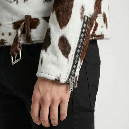 Men's Asymmetrical Zipper Pony Skin Hair-On Moto Cow Skin Jacket