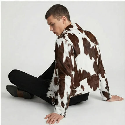 Men's Asymmetrical Zipper Pony Skin Hair-On Moto Cow Skin Jacket