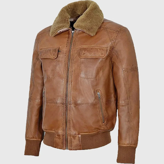 Men's Cognac Pilot Shearling Leather Bomber Jacket