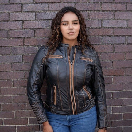 ML Women's Vintage Brown Leather Scooter Jacket w/ Mandarin Collar