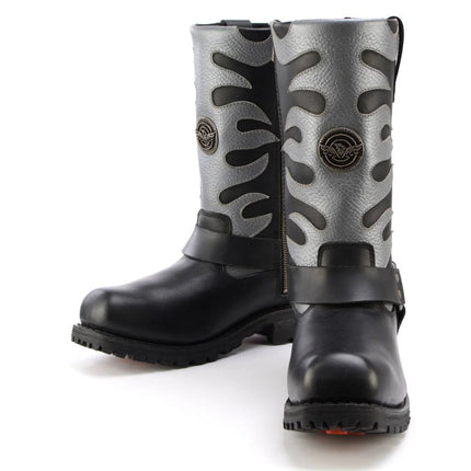 ML Men's 11- Inch Square Toe Fire Fight Black Harness Boots w/ Silver Flames