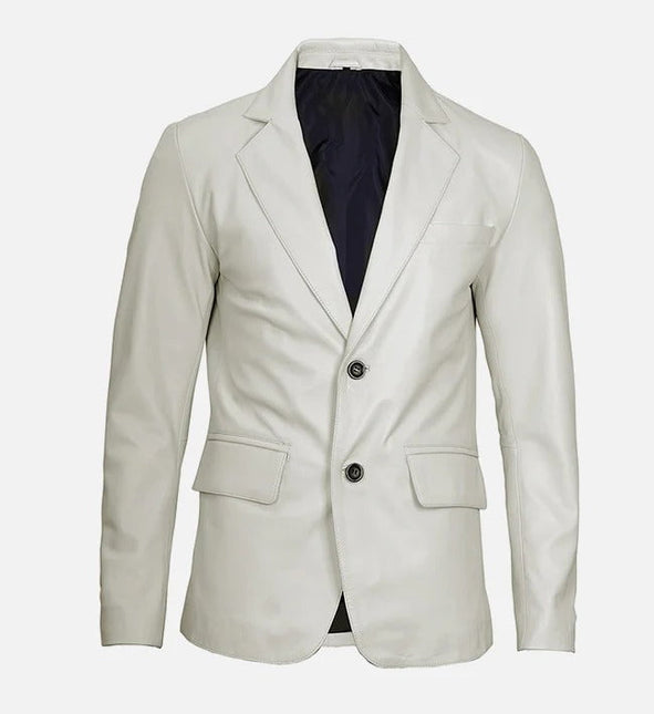 Men's Classic Two Button White Leather Blazer Jacket