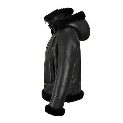 Women's Black Leather RAF Shearling Jacket with Hood