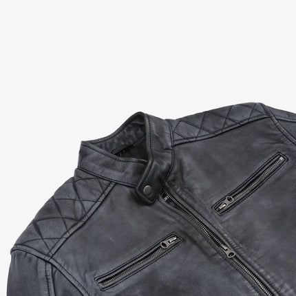 Men's Black Washed Leather Cafe Racer Jacket w/ Blue Stripes